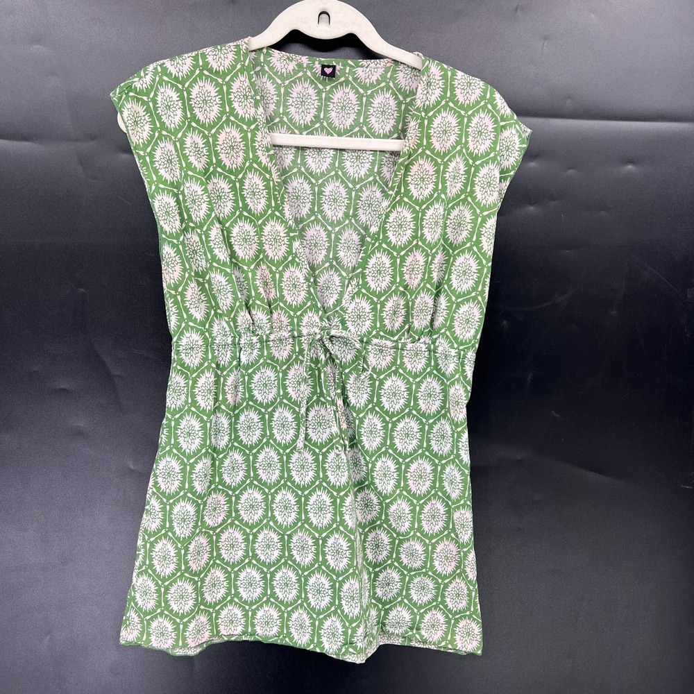 y2k Lightweight green floral babydoll top v-neck cottagecore 100% cotton tunic M